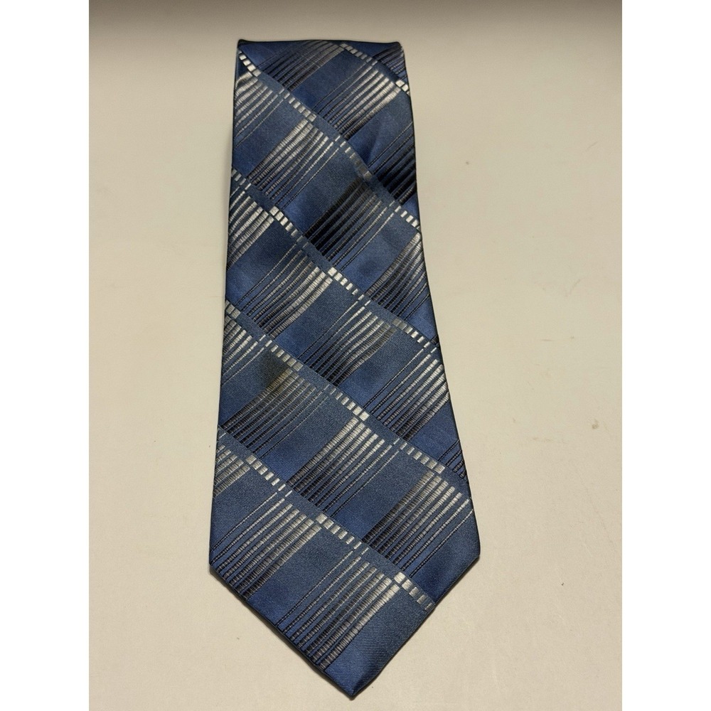 Secours Mens Silk Necktie Blue Silver Geometric Plaid Hand Made Formal Tie